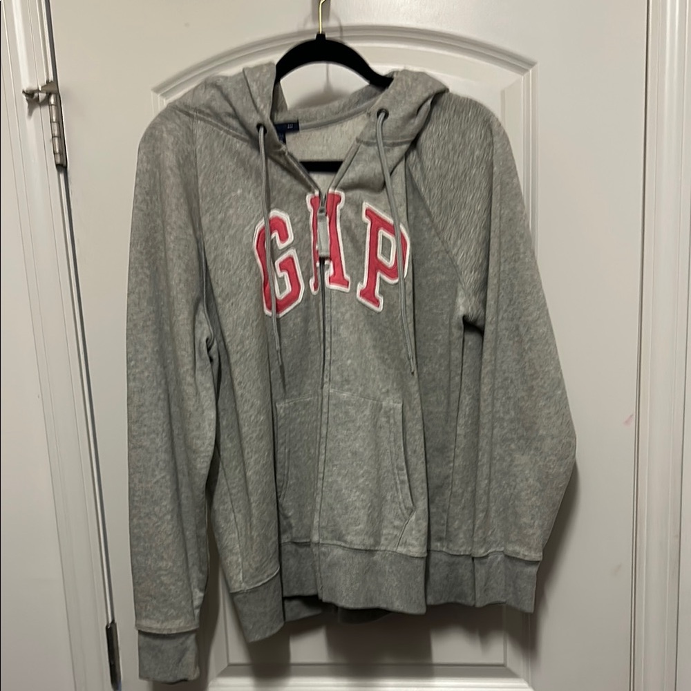 GAP Heather Gray Hoodie with Pink Lettering